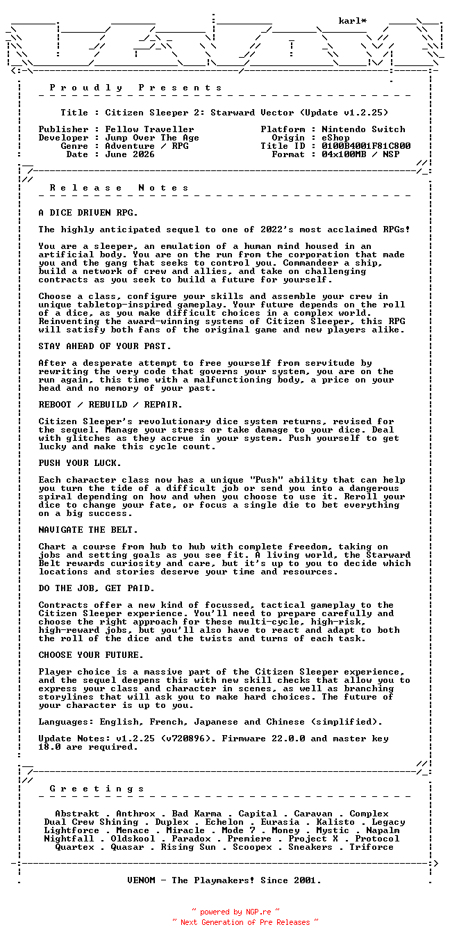 NFO for the release Citizen_Sleeper_2_Starward_Vector_Update_v1.2.25_NSW-VENOM by VENOM