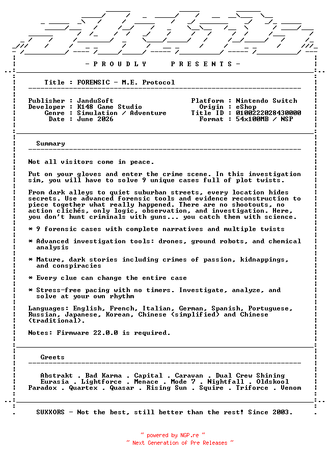 NFO for the release FORENSIC_ME_Protocol_NSW-SUXXORS by SUXXORS