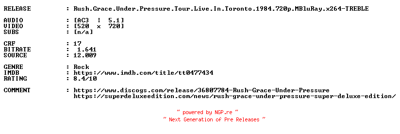 NFO for the release Rush.Grace.Under.Pressure.Tour.Live.In.Toronto.1984.720p.MBluRay.x264-TREBLE by TREBLE
