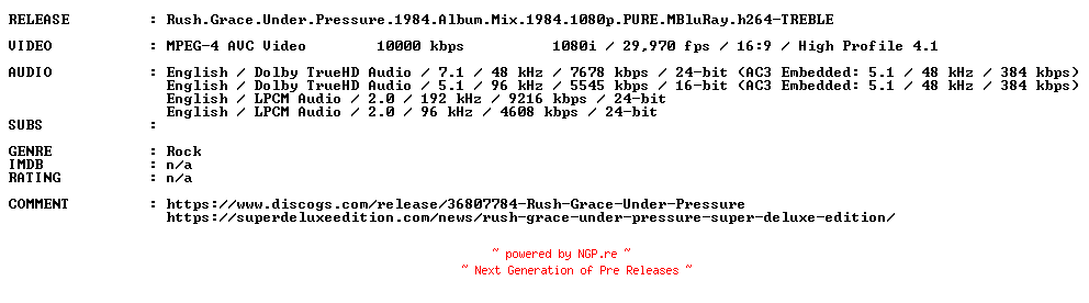 NFO for the release Rush.Grace.Under.Pressure.1984.Album.Mix.1984.1080p.PURE.MBluRay.h264-TREBLE by TREBLE