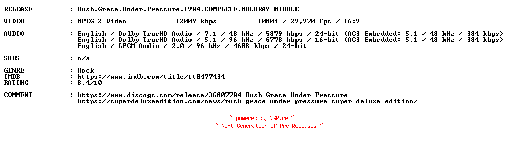NFO for the release Rush.Grace.Under.Pressure.1984.COMPLETE.MBLURAY-MIDDLE by MIDDLE