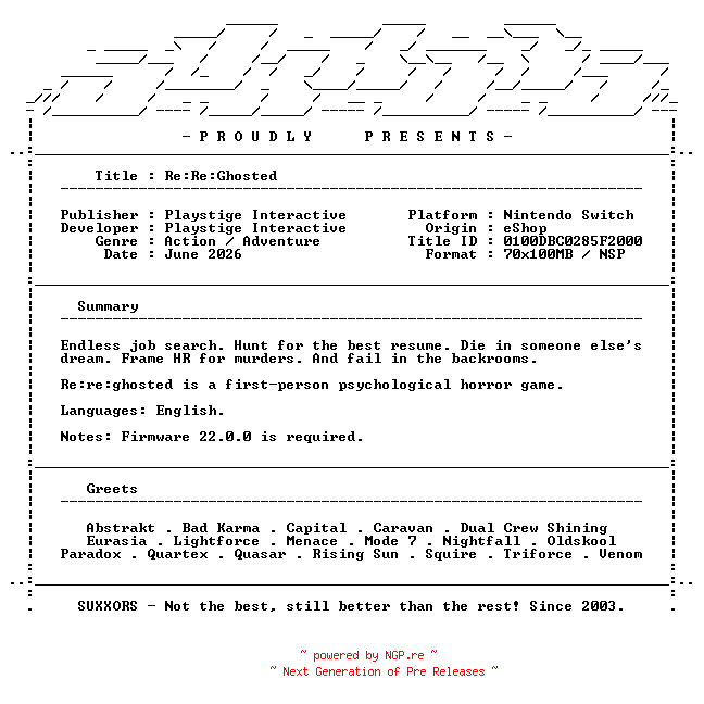 NFO for the release Re_Re_Ghosted_NSW-SUXXORS by SUXXORS