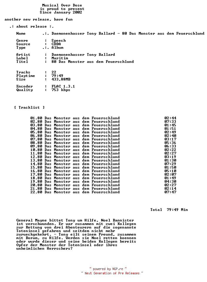 NFO for the release Daemonenhasser_Tony_Ballard-80_Das_Monster_Aus_Dem_Feuerschlund-DE-Audiobook-CD-FLAC-2026-MOD by MOD