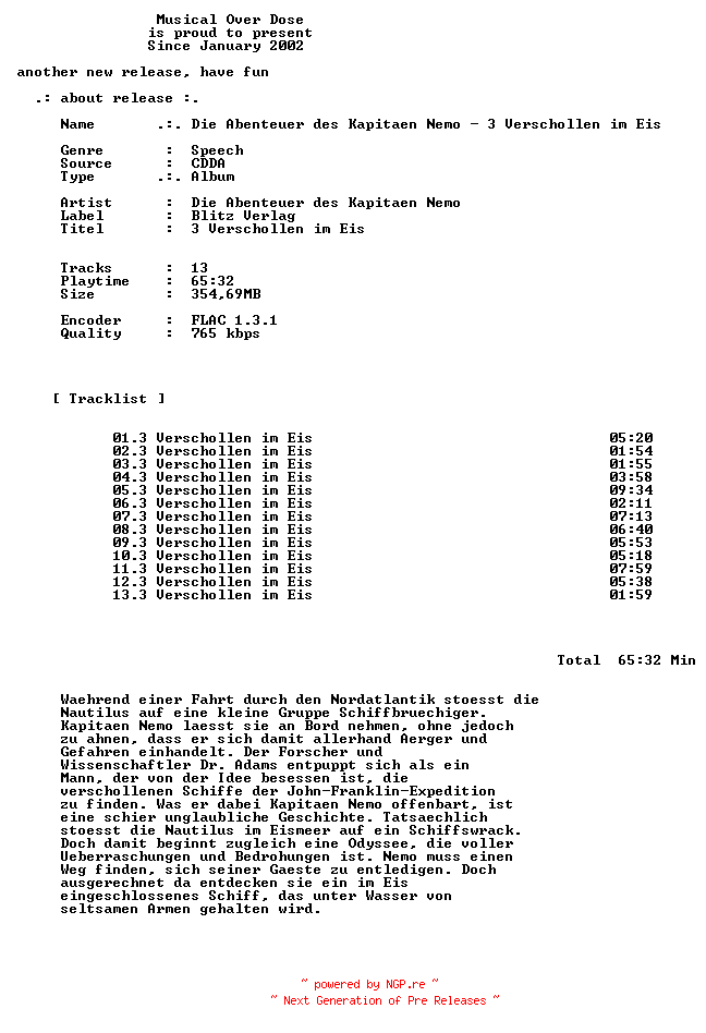 NFO for the release Die_Abenteuer_Des_Kapitaen_Nemo-3_Verschollen_Im_Eis-DE-Audiobook-CD-FLAC-2026-MOD by MOD