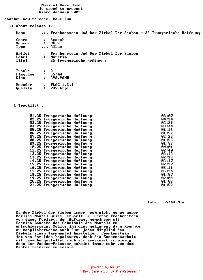 NFO for the release Frankenstein_Und_Der_Zirkel_Der_Sieben-25_Truegerische_Hoffnung-DE-Audiobook-CD-FLAC-2026-MOD by MOD