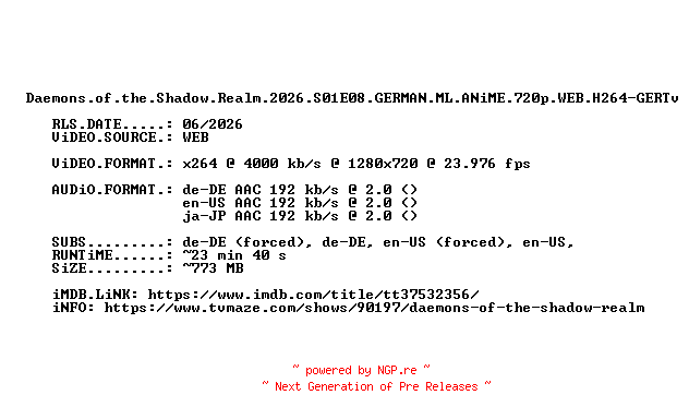 NFO for the release Daemons.of.the.Shadow.Realm.2026.S01E08.GERMAN.ML.ANiME.720p.WEB.H264-GERTv by GERTv