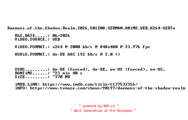 NFO for the release Daemons.of.the.Shadow.Realm.2026.S01E08.GERMAN.ANiME.WEB.H264-GERTv by GERTv