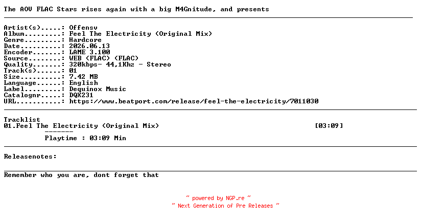 NFO for the release Offensv-Feel_The_Electricity_(Original_Mix)-(DQX231)-SINGLE-WEB-2026-AOV by AOV