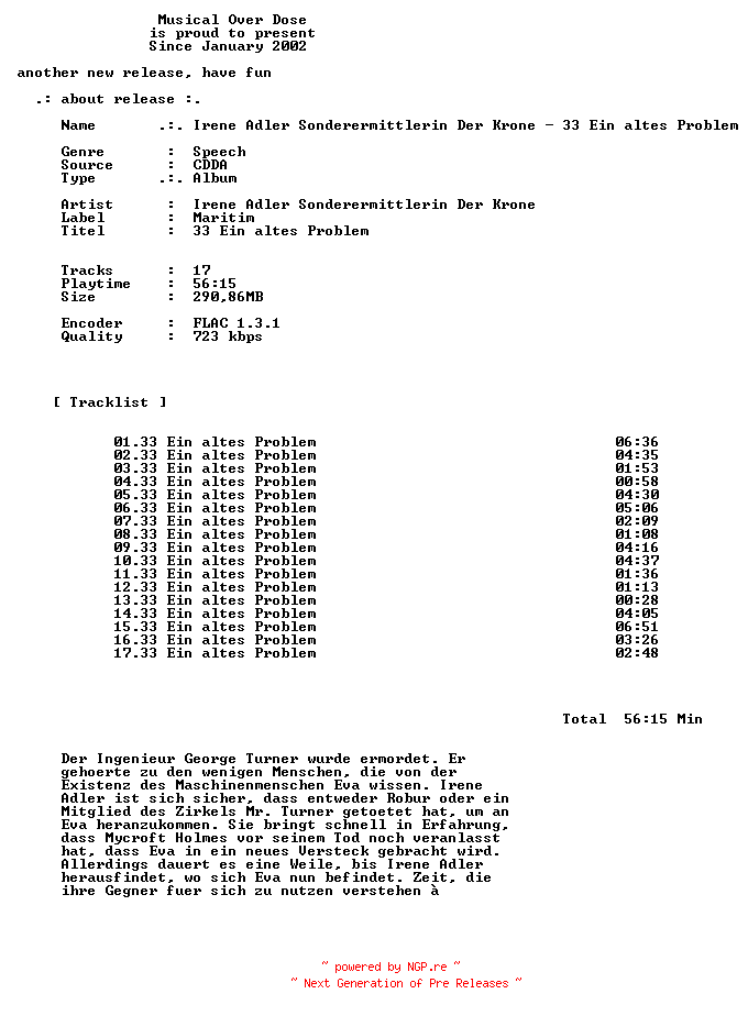 NFO for the release Irene_Adler_Sonderermittlerin_Der_Krone-33_Ein_Altes_Problem-DE-Audiobook-CD-FLAC-2026-MOD by MOD