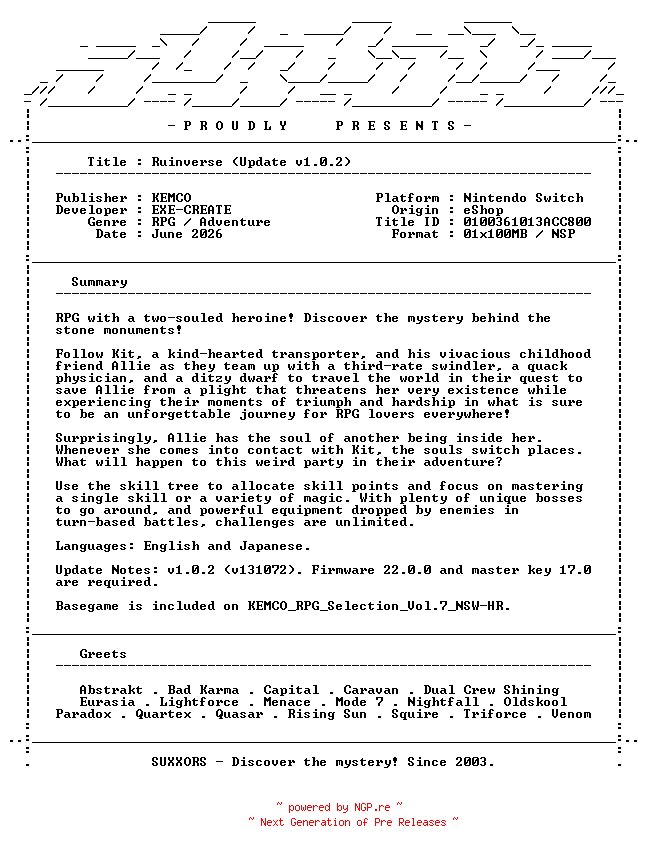 NFO for the release Ruinverse_Update_v1.0.2_NSW-SUXXORS by SUXXORS