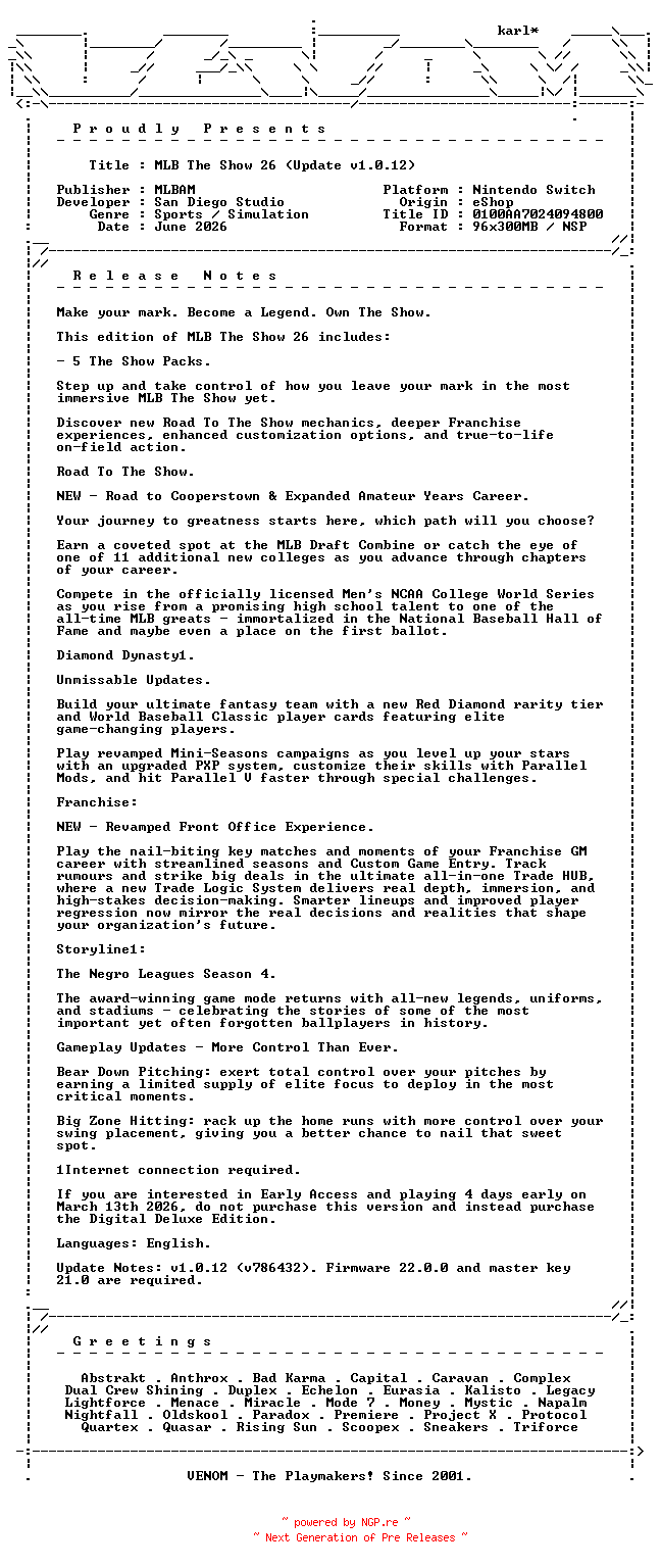 NFO for the release MLB_The_Show_26_Update_v1.0.12_NSW-VENOM by VENOM