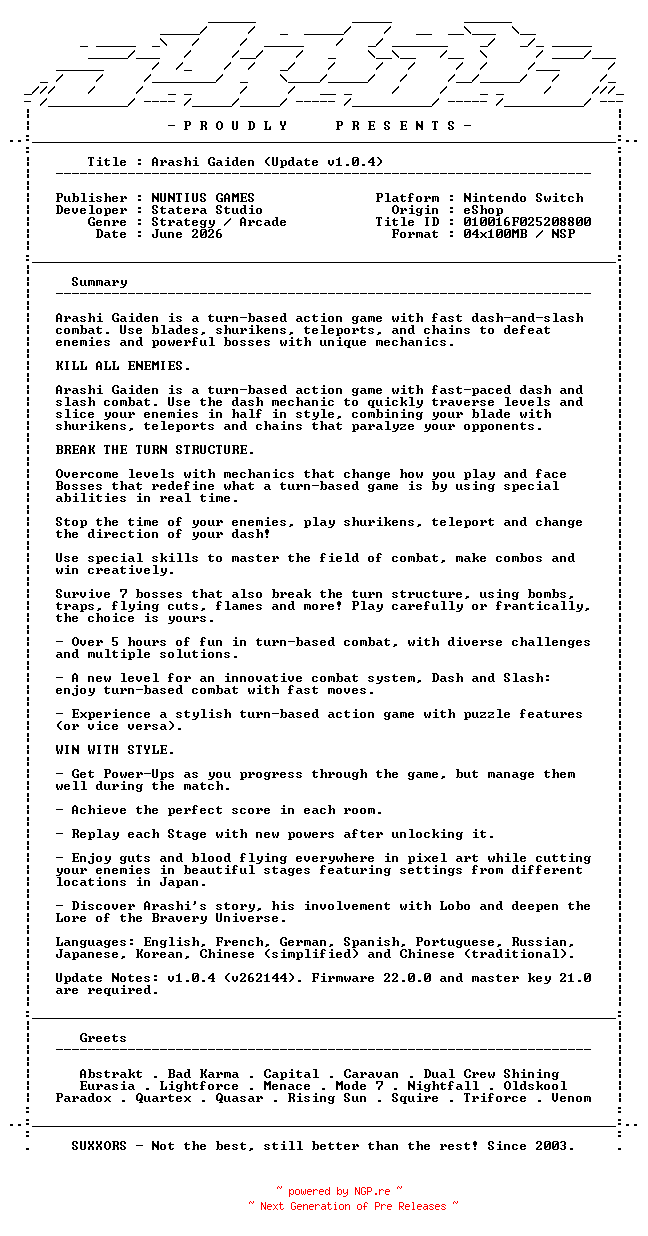 NFO for the release Arashi_Gaiden_Update_v1.0.4_NSW-SUXXORS by SUXXORS