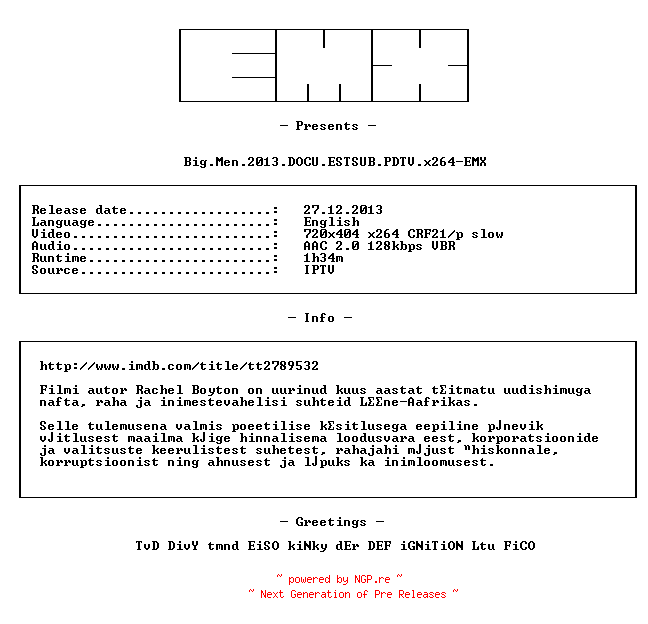 NFO for the release Big.Men.2013.DOCU.ESTSUB.PDTV.x264-EMX by EMX