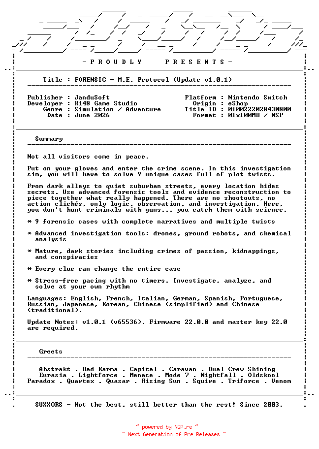 NFO for the release FORENSIC_ME_Protocol_Update_v1.0.1_NSW-SUXXORS by SUXXORS