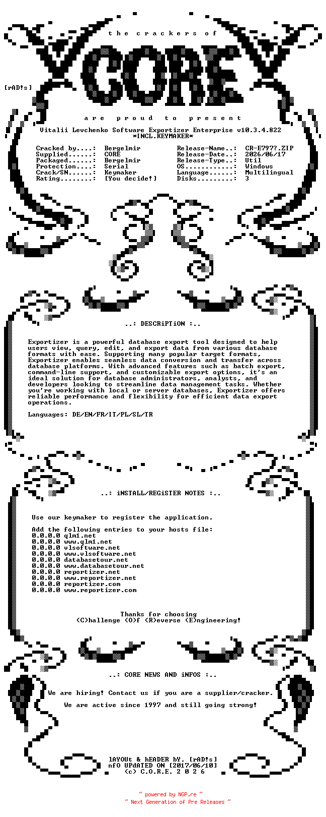 NFO for the release Vitalii.Levchenko.Software.Exportizer.Enterprise.v10.3.4.822.Multilingual.Incl.Keymaker-CORE by CORE