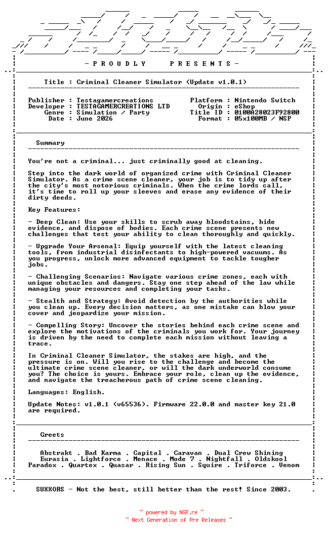 NFO for the release Criminal_Cleaner_Simulator_Update_v1.0.1_NSW-SUXXORS by SUXXORS