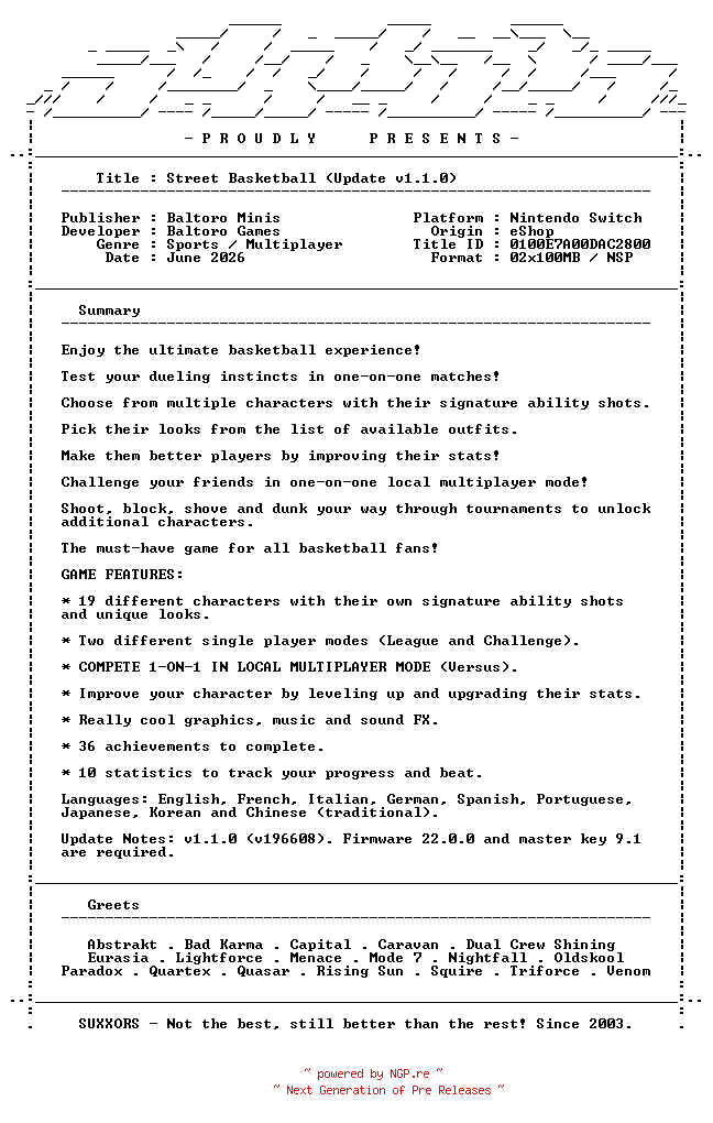 NFO for the release Street_Basketball_Update_v1.1.0_NSW-SUXXORS by SUXXORS