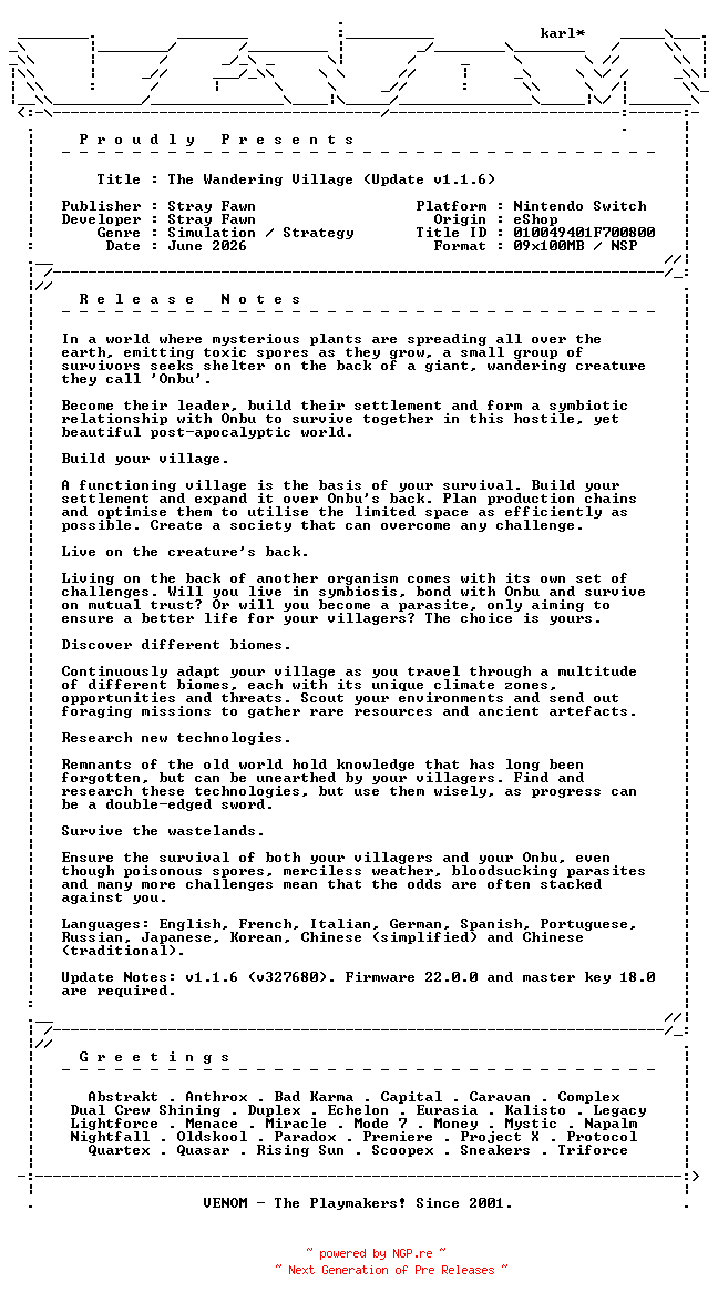 NFO for the release The_Wandering_Village_Update_v1.1.6_NSW-VENOM by VENOM