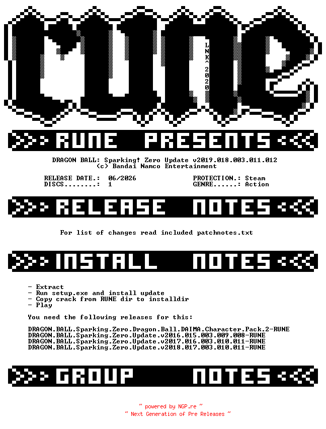 NFO for the release DRAGON.BALL.Sparking.Zero.Update.v2019.018.003.011.012-RUNE by RUNE