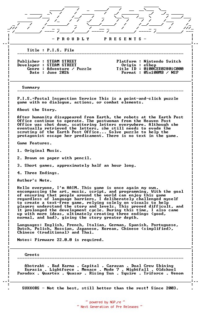 NFO for the release P.I.S._File_NSW-SUXXORS by SUXXORS