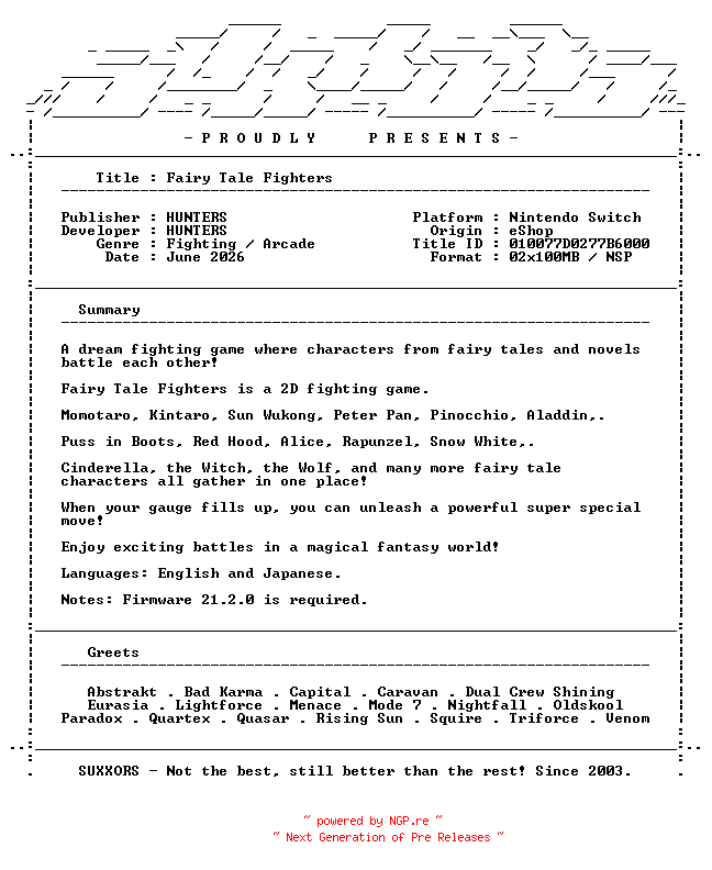 NFO for the release Fairy_Tale_Fighters_NSW-SUXXORS by SUXXORS