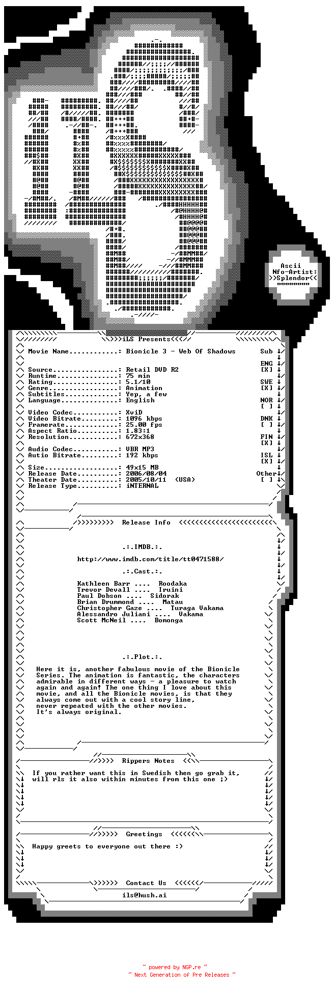 NFO for the release Bionicle.3.Web.Of.Shadows.2005.STV.iNTERNAL.DVDRip.XviD-iLS by iLS