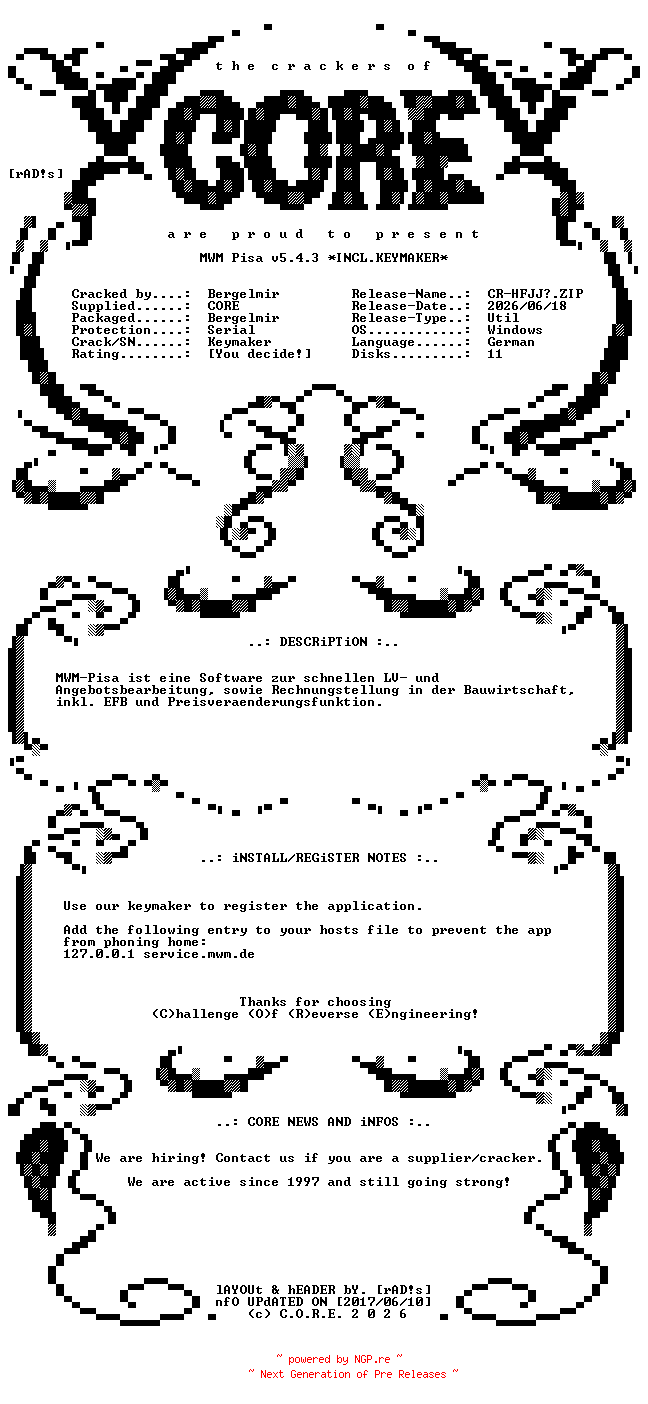 NFO for the release MWM.Pisa.v5.4.3.German.Incl.Keymaker-CORE by CORE