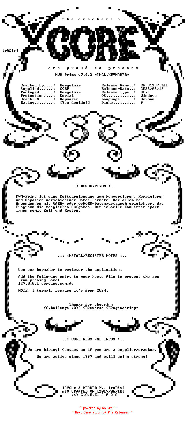 NFO for the release MWM.Primo.v7.9.2.German.Incl.Keymaker.INTERNAL-CORE by CORE