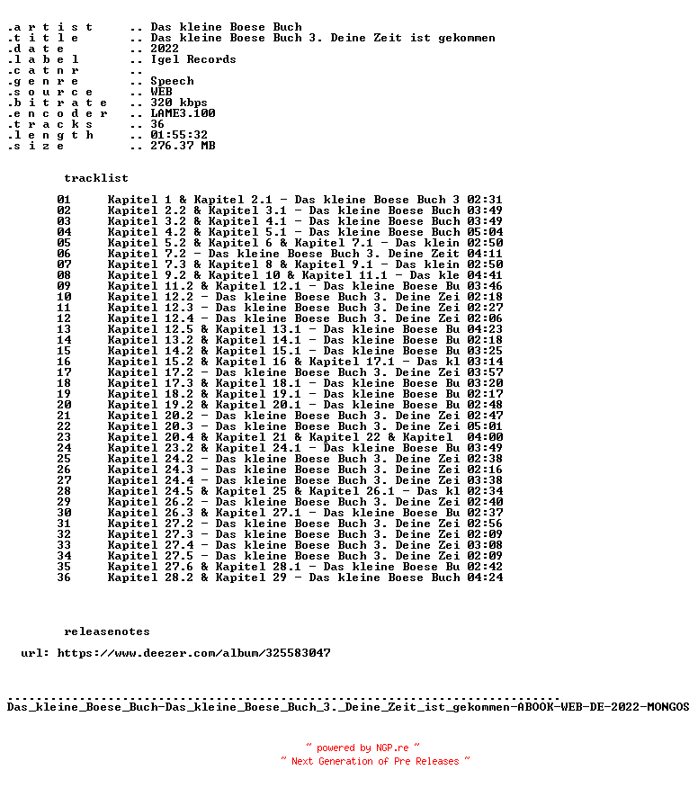 NFO for the release Das_kleine_Boese_Buch-Das_kleine_Boese_Buch_3._Deine_Zeit_ist_gekommen-ABOOK-WEB-DE-2022-MONGOS by MONGOS
