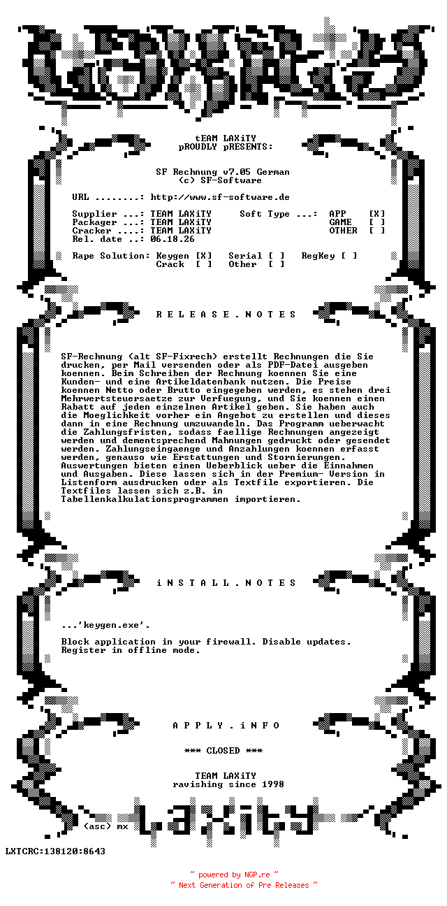 NFO for the release SF.Rechnung.v7.05.German.Keygen.only-LAXiTY by LAXiTY