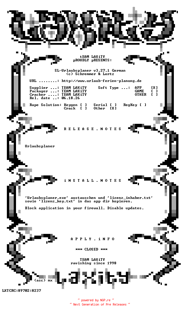 NFO for the release SL-Urlaubsplaner.v3.27.1.German-LAXiTY by LAXiTY