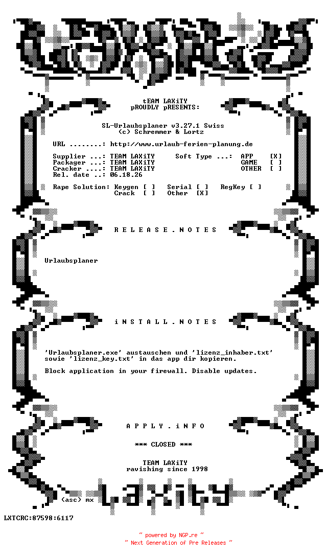 NFO for the release SL-Urlaubsplaner.v3.27.1.Swiss-LAXiTY by LAXiTY