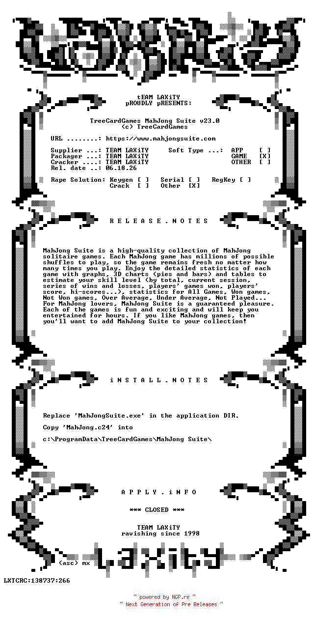 NFO for the release TreeCardGames.MahJong.Suite.v23.0-LAXiTY by LAXiTY