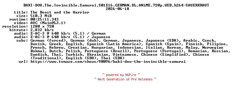 NFO for the release BAKI-DOU.The.Invincible.Samurai.S01E16.GERMAN.DL.ANiME.720p.WEB.h264-SAUERKRAUT by SAUERKRAUT