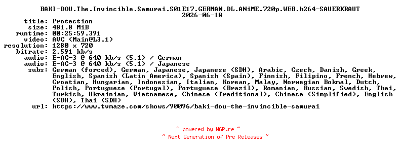 NFO for the release BAKI-DOU.The.Invincible.Samurai.S01E17.GERMAN.DL.ANiME.720p.WEB.h264-SAUERKRAUT by SAUERKRAUT