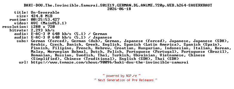 NFO for the release BAKI-DOU.The.Invincible.Samurai.S01E19.GERMAN.DL.ANiME.720p.WEB.h264-SAUERKRAUT by SAUERKRAUT