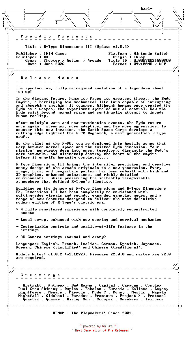 NFO for the release R-Type_Dimensions_III_Update_v1.0.2_NSW-VENOM by VENOM