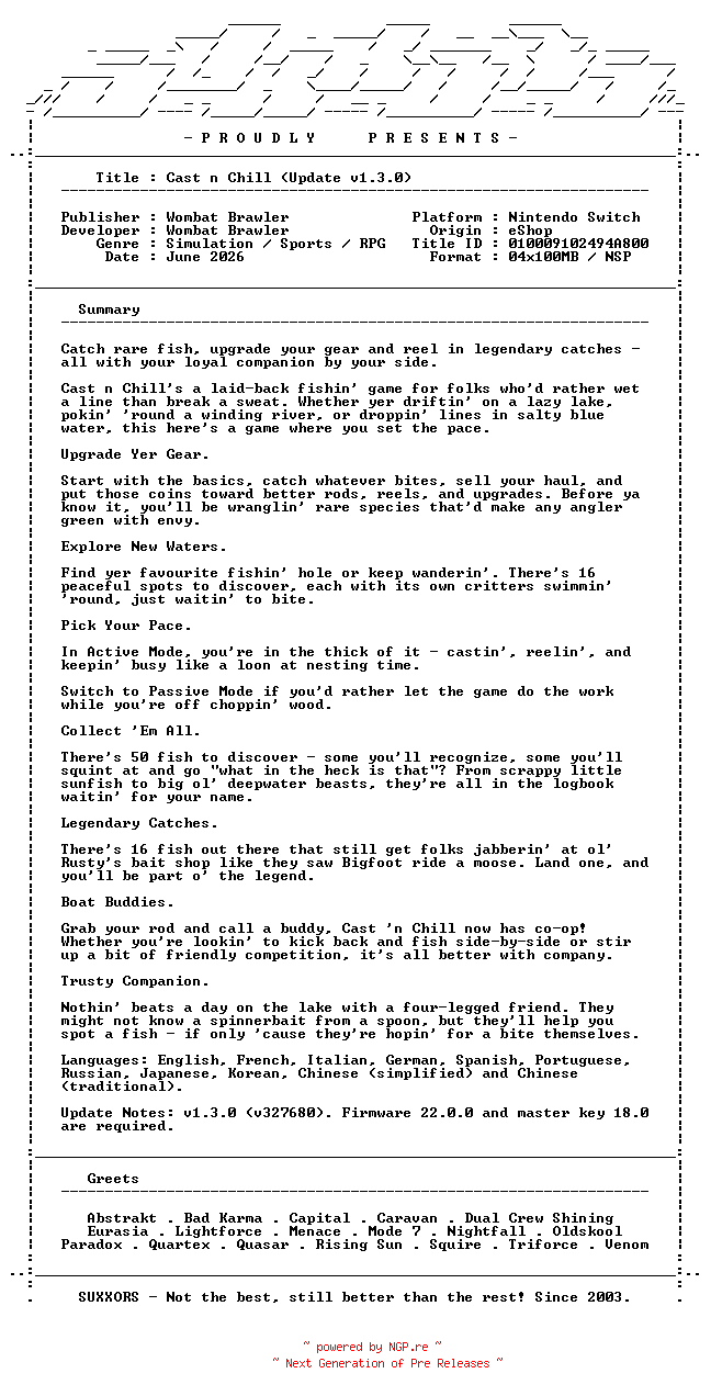 NFO for the release Cast_n_Chill_Update_v1.3.0_NSW-SUXXORS by SUXXORS