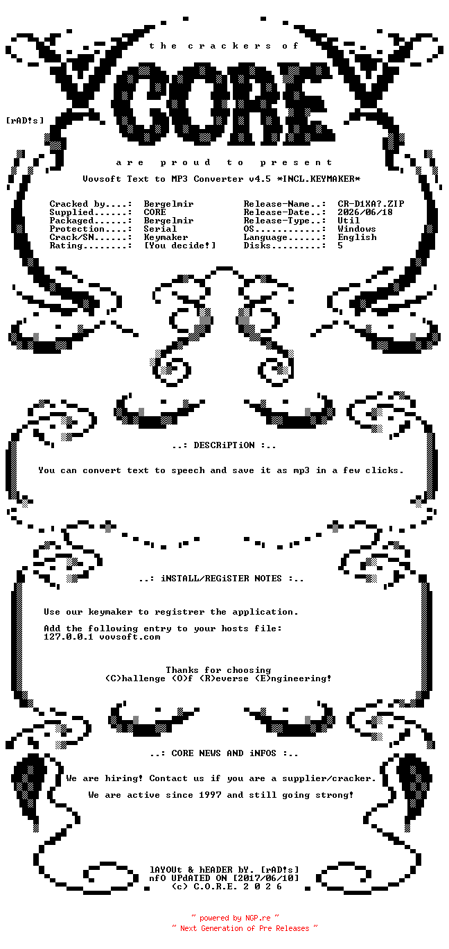 NFO for the release Vovsoft.Text.to.MP3.Converter.v4.5.Incl.Keymaker-CORE by CORE