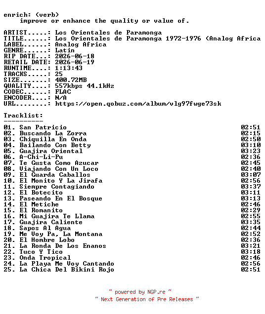 NFO for the release Los_Orientales_de_Paramonga-Los_Orientales_de_Paramonga_1972-1976_(Analog_Africa_No.45)-ES-16BIT-WEB-FLAC-2026-ENRiCH by ENRiCH
