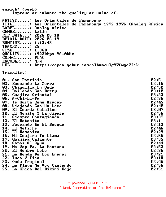 NFO for the release Los_Orientales_de_Paramonga-Los_Orientales_de_Paramonga_1972-1976_(Analog_Africa_No.45)-ES-24BIT-WEB-FLAC-2026-ENRiCH by ENRiCH