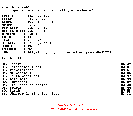 NFO for the release The_Vampires-Skydancer-16BIT-WEB-FLAC-2026-ENRiCH by ENRiCH