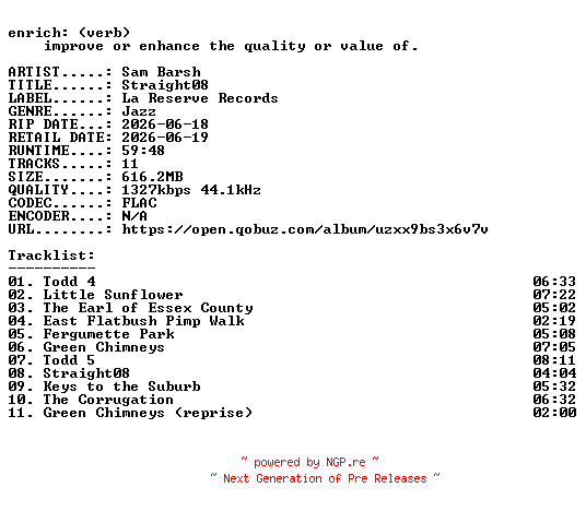 NFO for the release Sam_Barsh-Straight08-24BIT-WEB-FLAC-2026-ENRiCH by ENRiCH