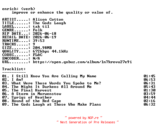 NFO for the release Alison_Cotton-The_Gods_Laugh-16BIT-WEB-FLAC-2026-ENRiCH by ENRiCH