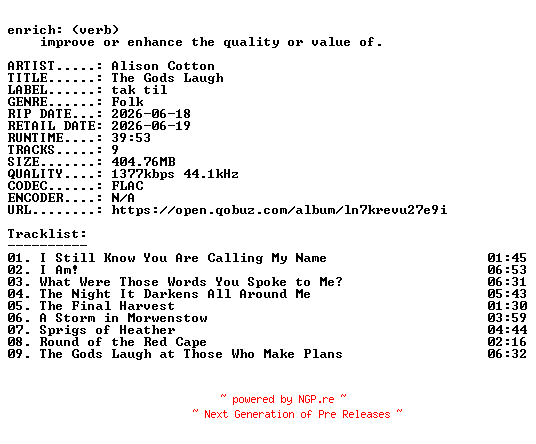 NFO for the release Alison_Cotton-The_Gods_Laugh-24BIT-WEB-FLAC-2026-ENRiCH by ENRiCH