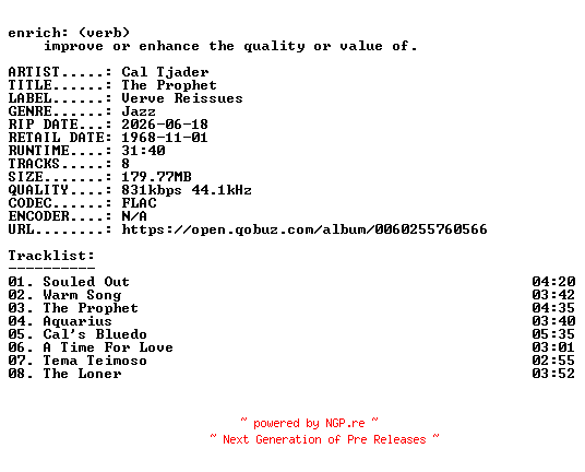 NFO for the release Cal_Tjader-The_Prophet-16BIT-WEB-FLAC-1968-ENRiCH by ENRiCH