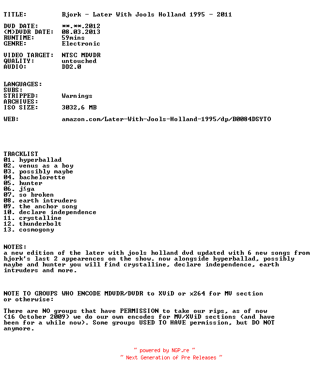 NFO for the release Bjork.Later.With.Jools.Holland.(1995-2011).2012.NTSC.MDVDR-gFViD by gFViD
