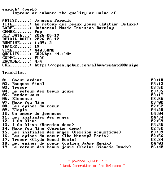 NFO for the release Vanessa_Paradis-Le_retour_des_beaux_jours_(Edition_Deluxe)-FR-16BIT-WEB-FLAC-2026-ENRiCH by ENRiCH