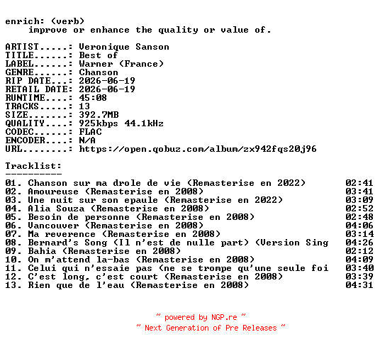 NFO for the release Veronique_Sanson-Best_of-FR-24BIT-WEB-FLAC-2026-ENRiCH by ENRiCH