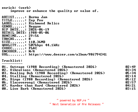 NFO for the release Burma_Jam-Zap_Pow-REMASTERED-16BIT-WEB-FLAC-2026-ENRiCH by ENRiCH